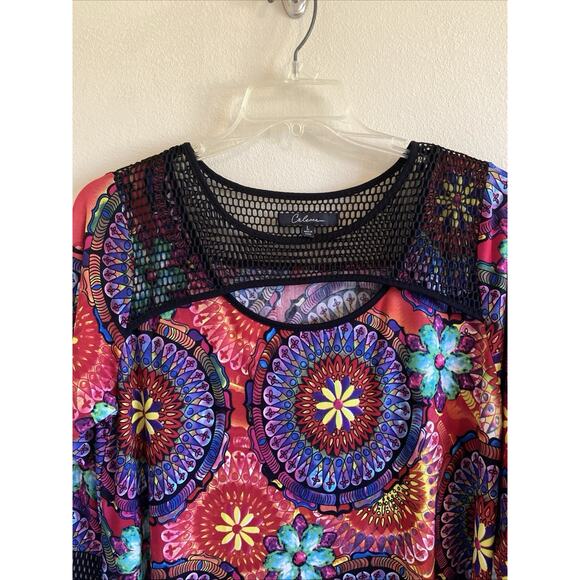 Calessa Vibrant Floral Boho Flower Hippie Mesh Cutout Tunic Top Wearable Art L - Picture 3 of 9